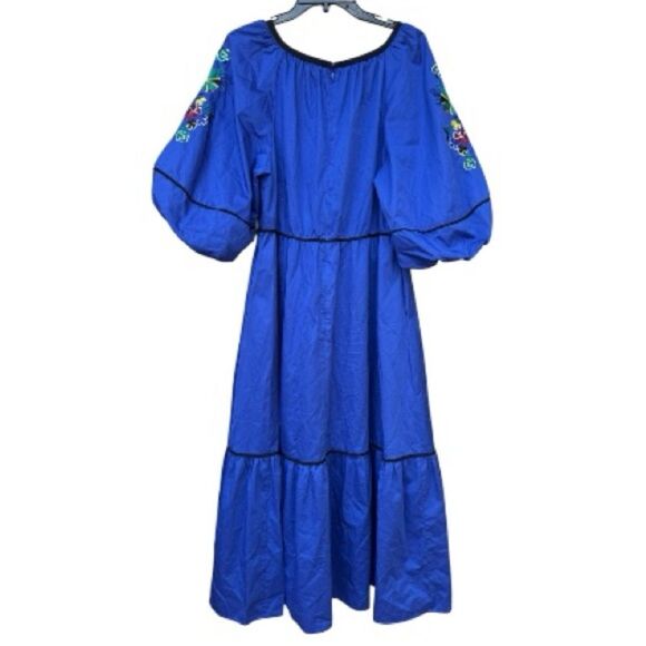 Tyler Böe SZ L Royal Blue Embroidered Maxi Dress Puff Sleeve Tiered with Pockets - Picture 2 of 4